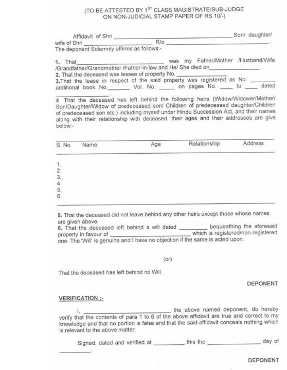 Legal Heir Affidavit Sample