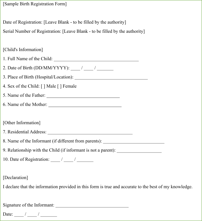 Sample Birth Registration Form